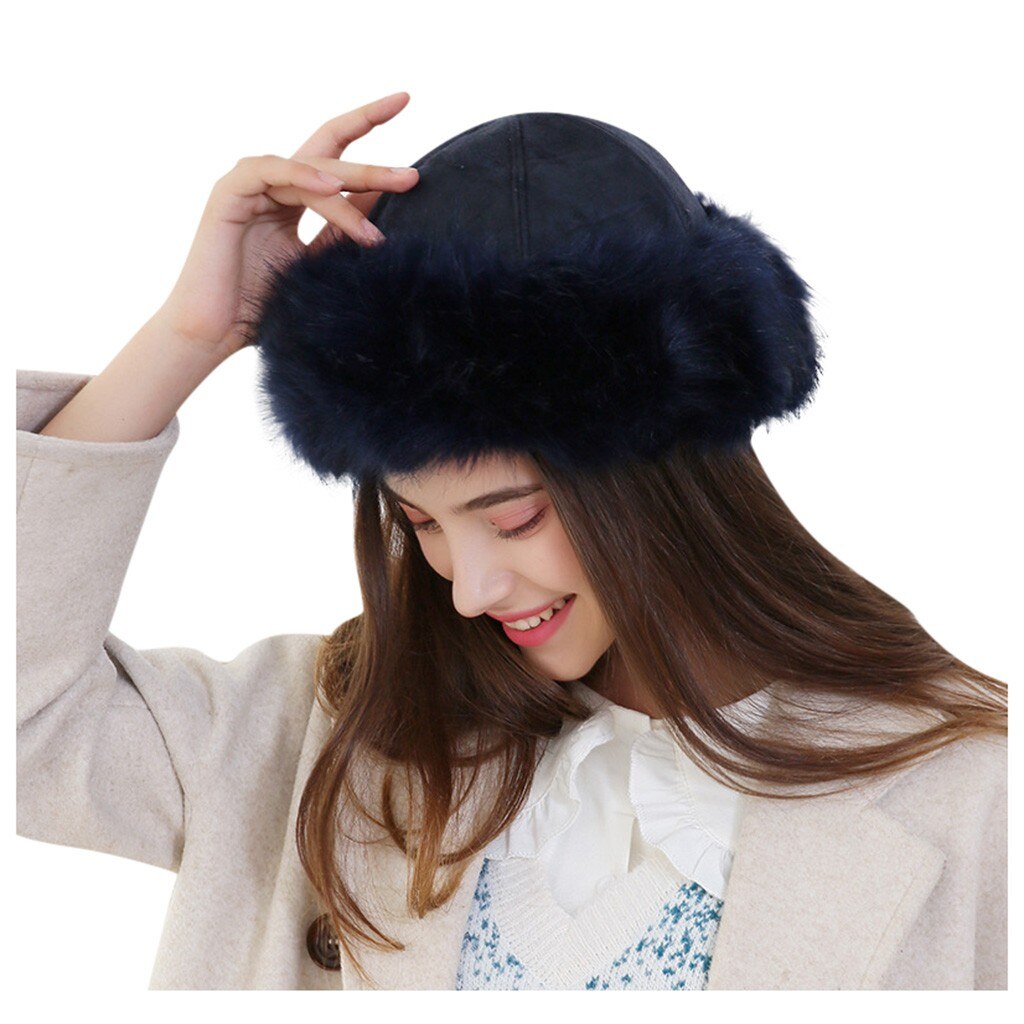 Winter Faux Fur Hats Women Winter Mongolian Russian Outdoor Hat Solid Thick Warm Solid Earmuffs Woollen Hat: Navy 