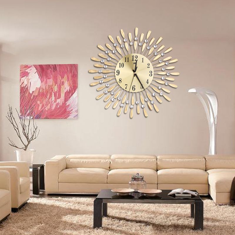 15 inch 3D Large Wall Clock Shiny Rhinestone Sun Style Modern Living Room Decor (Gold)