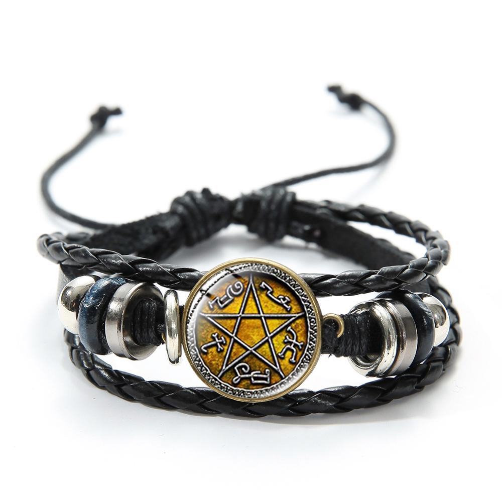 SIAN Supernatural Dean Leather Bracelet Popular TV Supernatural Sam Pentagram Sign Glass Time Gem Adjustable Beaded Bracelet: Style 9