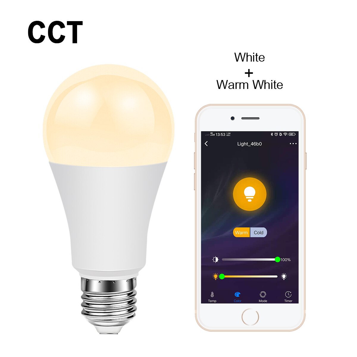 15W Smart House Wireless WIFI LED Light Bulb CCT RGB CW Dimmable Timer Function Magic Lamp Work with Alexa/Google Home 85-265V: CCT