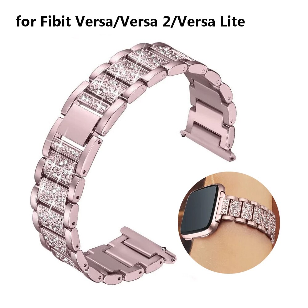 Bling smartklokke erstatningsbånd til fitbit versa/versa 2 stropper til kvinner oppkledd metallarmbånd smykker armbånd rosa rosa