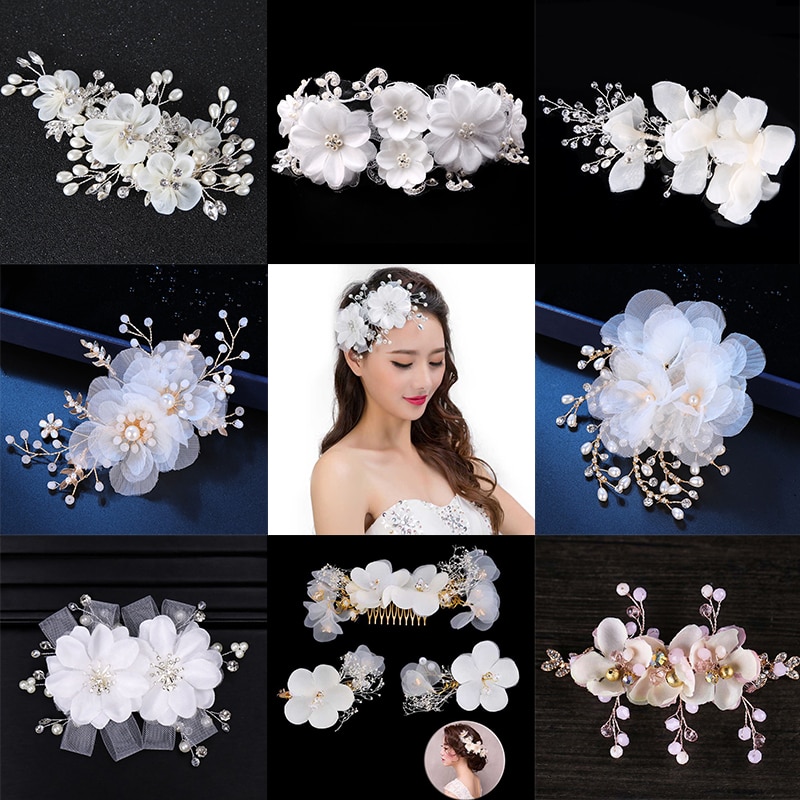 Elegante Floreale Spilli Pizzo Bianco sentiero E Filati Della Perla Del Fiore Dei Capelli della forcella Da Sposa tiara Corona Copricapo Delle Donne Accessori per Capelli Da Sposa