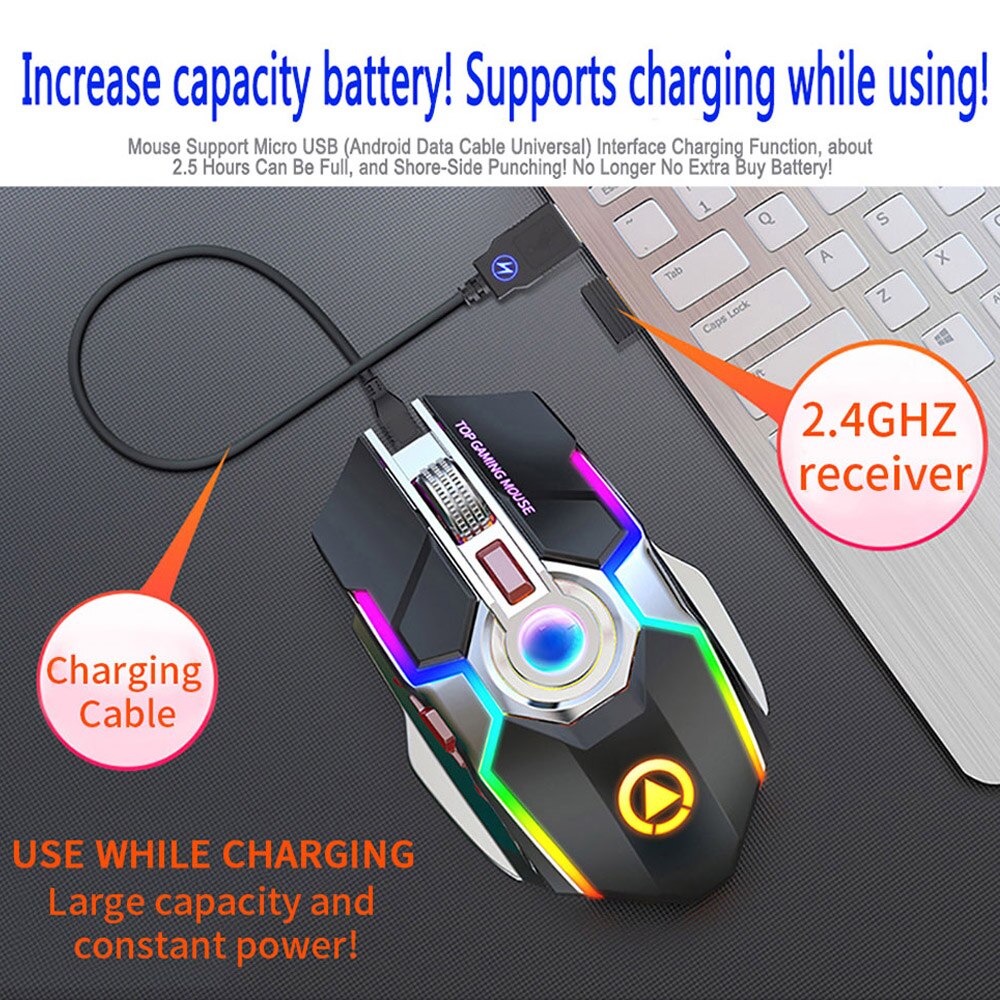 Wireless Mouse Rechargeable 2.4G Silent Gaming Mouse 1600 DPI 7 Buttons LED Backlight USB Optical Computer Mouse For PC/Laptop