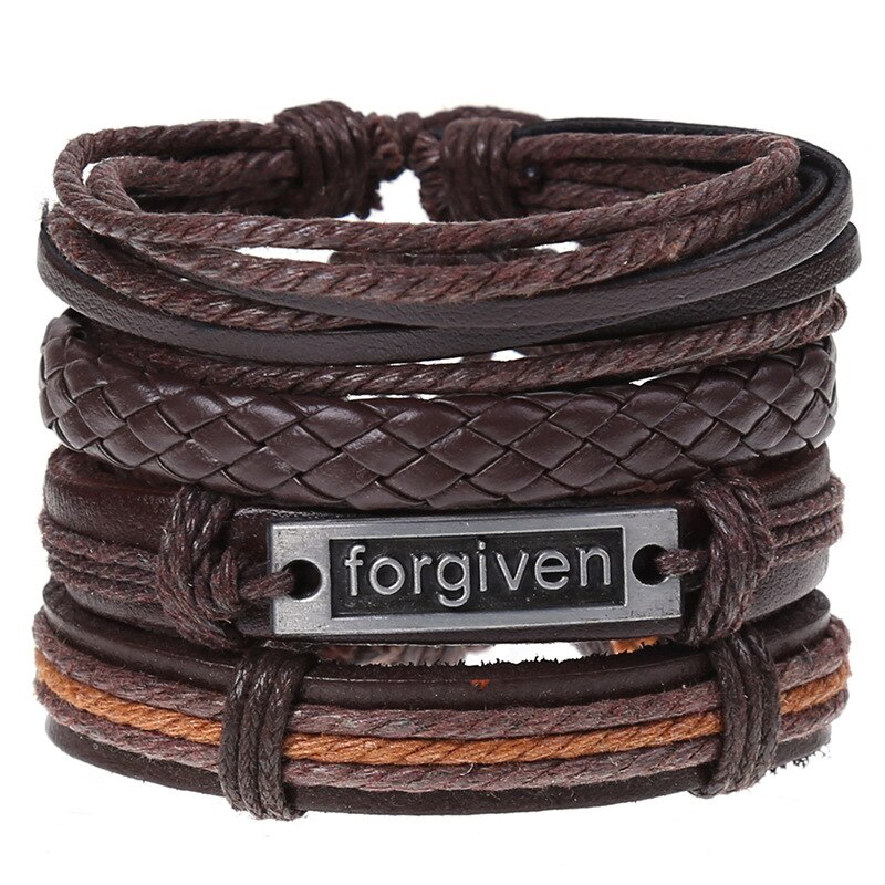 Pulseira de couro trançado 4 pçs/set, pulseiras para homens e mulheres, vintage, contas de madeira, cruz, étnica, esperança: X