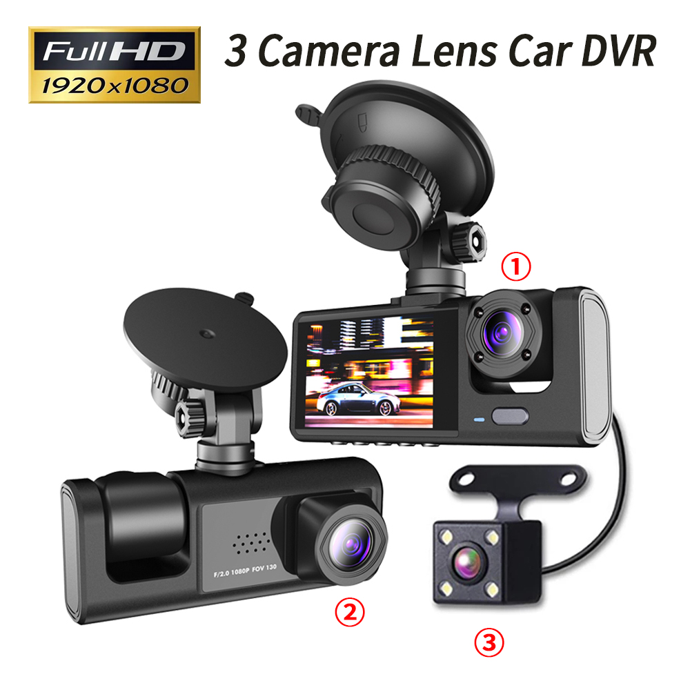 3-Kanal-Auto-DVR HD 1080P 3-Objektiv Ich bin Inneren Fahrzeug-Bindestrich-CamDrei-Wege-Kamera DVRs Recorder Video Registrator Dashcam Camcorder