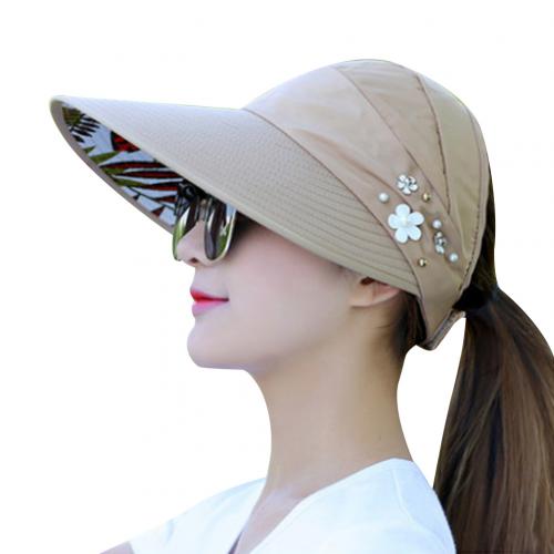 Zomer dames anti-uv opvouwbare zonneklep pet brede rand beschermt gezicht ademende outdoor hoed meerkleurig optionele bot pet: Khaki