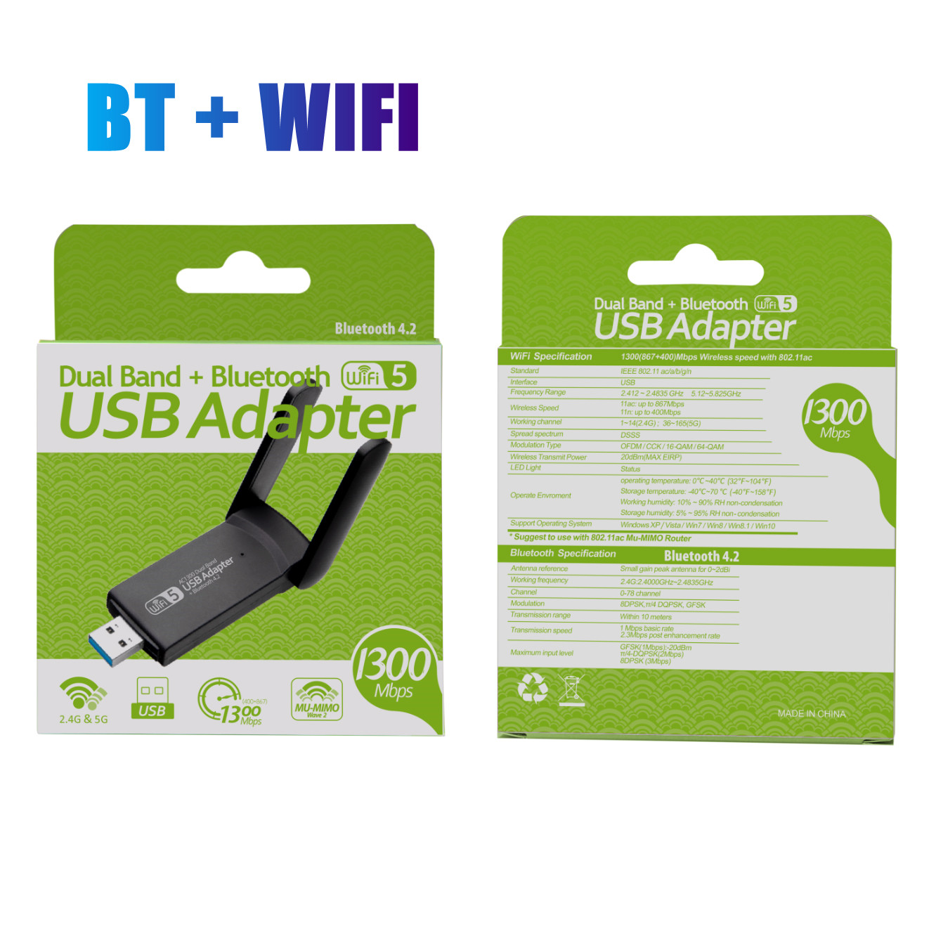 Adattatore WiFi USB wireless 1300Mbps Dual Band 2.4G 5Ghz USB 3.0 Adattatore USB WIFI 802.11ac con antenna BT4.2 per laptop desktop: BIANCO
