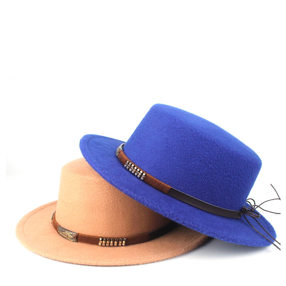 Unisex Men Women Flat Top Hat With Belt Retro Fedora Hat Wide Brim Hat Jazz Hat Size 56-58CM
