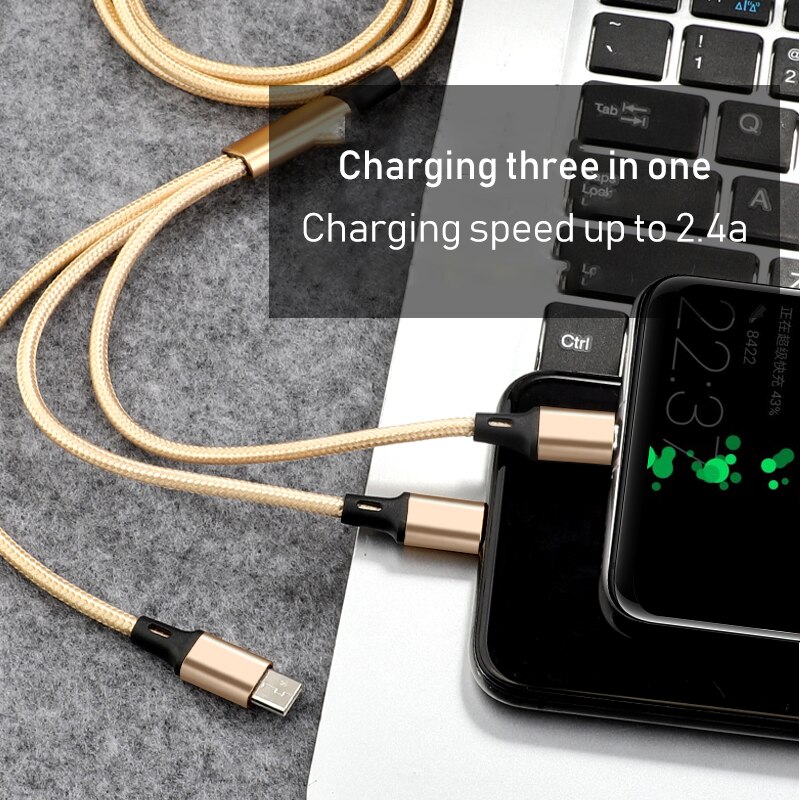 3 in1 2.4A USB Type C Fast Charging Data Cable One For Three Apply To Android Apple Type-C Smartphone 1.2m Nylon Braided Wire