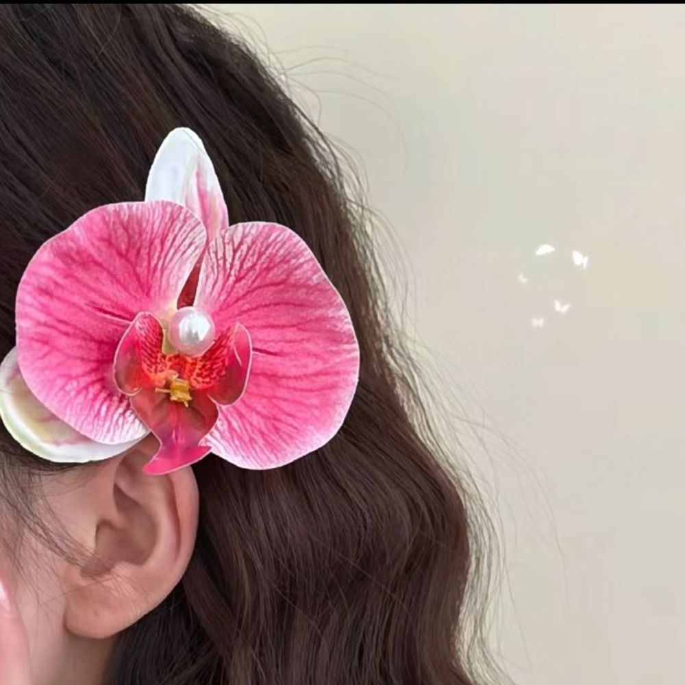 Orchid Butterfly Bow Flower Hair Clips Silk Flower Hairpin Phalaenopsis Pearl Duckbill Clip Hair Accessories for Vacation Photos