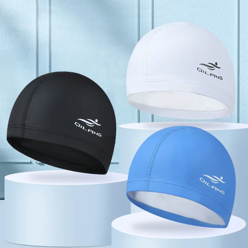 Swimming Caps Women Men Universal Long Hair Ear Protection Swim Caps PU Waterproof Letter Printed Swimming Cap Pool Accessories