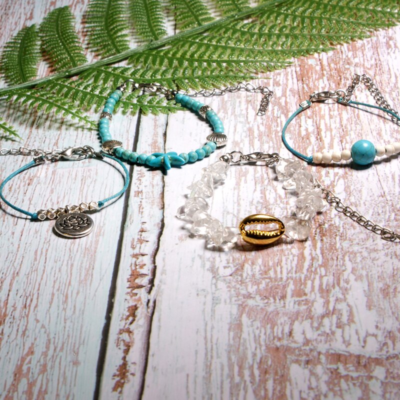 MOND MÄDCHEN Natürliche Quarz Hülse Fußkettchen Boho Yoga Seestern Lotus Freundschaft Sommer Fußkettchen für Frauen Schmuck