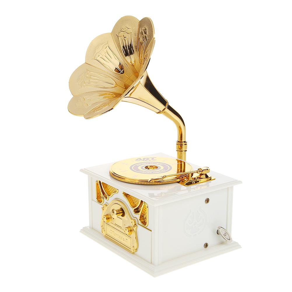 Caja de música de cuerno Retro, caja de gramófono Retro clásico antiguo, de decoración del hogar: White