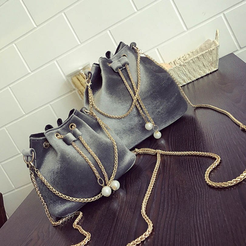2 maten merk velours parelketting schoudertassen dames mini handtassen bucket hilly tote bag dames crossbody bolsas: Grijs / Klein