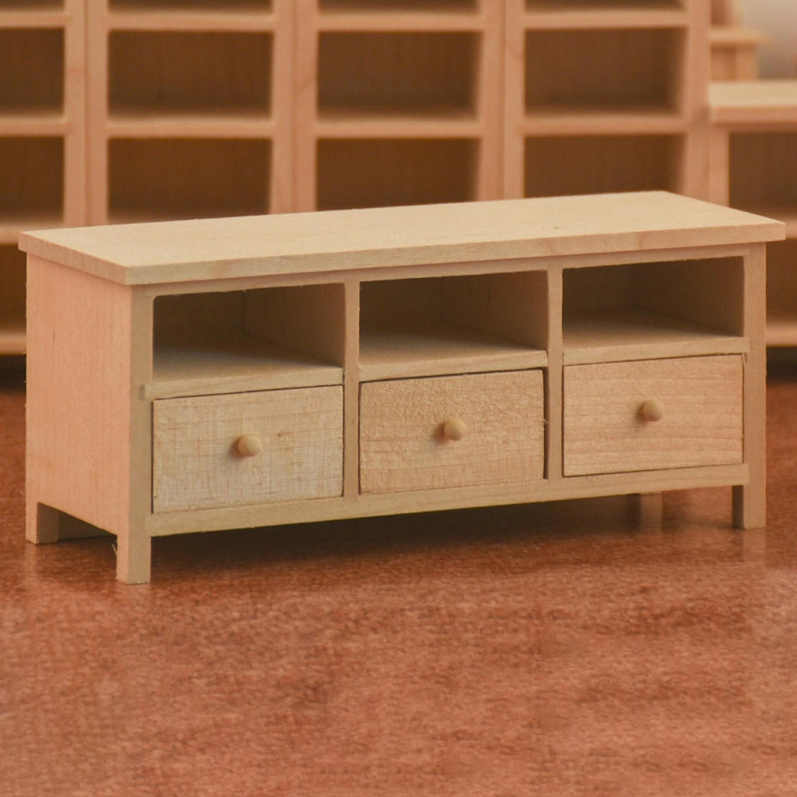 1/12 Puppenhaus Miniatur Birke Holz 3-Gitter Schrank mit Schublade Schlafzimmer