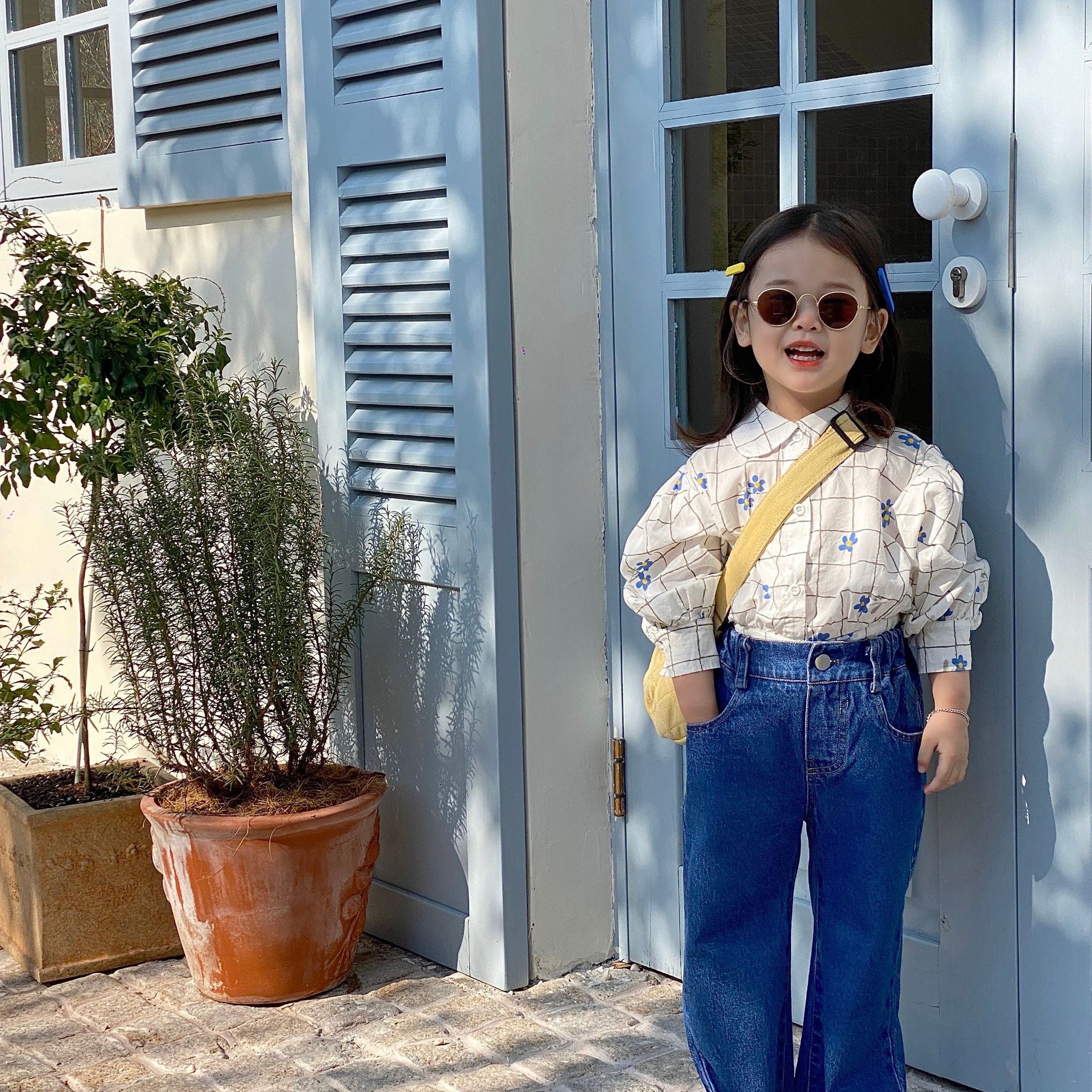 9927B Meisje Kleding Bloemen Shirts Koreaanse Voorjaar 2022 Revers Meisjes Shirts Korte Gedrukt Katoen Kid 'S Tops 1-7Year Meisje blouse