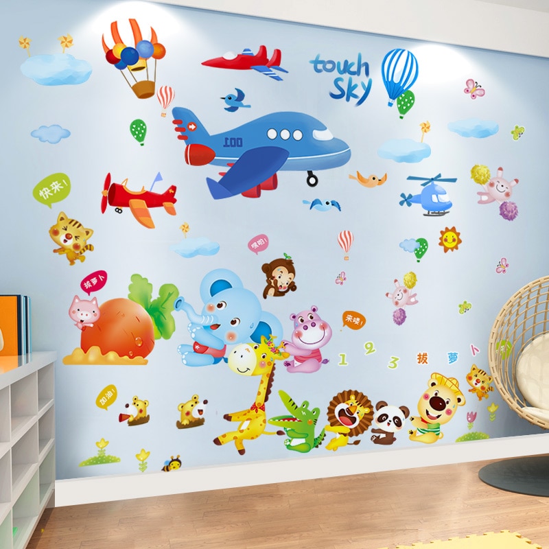 [Shijuekongjian] Dieren Wortel Muurstickers Diy Vliegtuig Ballon Muurstickers Voor Kinderen Kamers Baby Slaapkamer Huis Decoratie