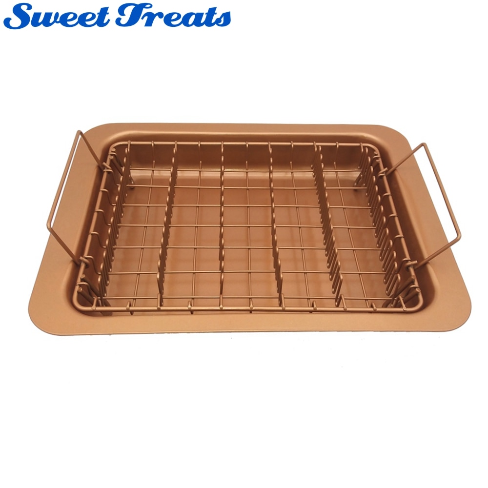 Sweettreats 2Pcs/Set Copper Non-Stick Bacon Rack And Oven Healthier Bacon Drip Rack Tray With Pan Easily Cook Up To 12 Strips