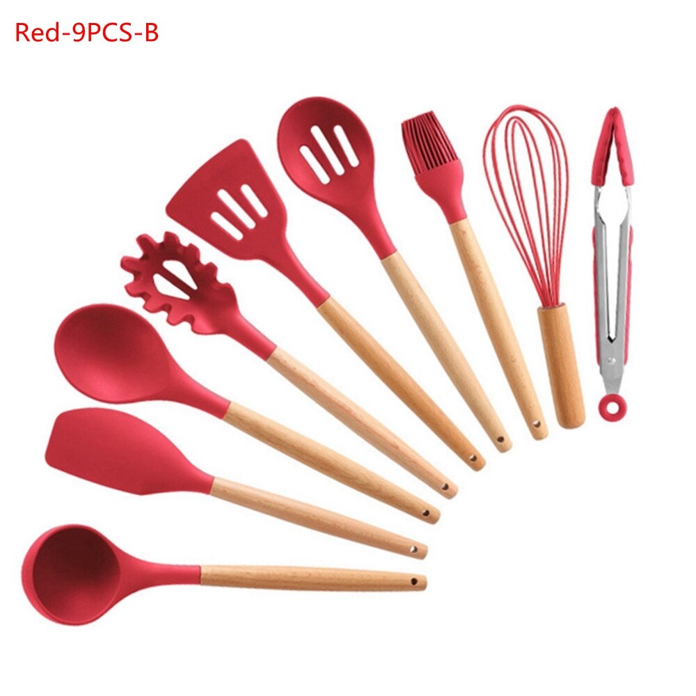 9/11Pcs Silicone Cooking Utensils Set Non-stick Spatula Shovel Wooden Handle Cooking Tools Set Kitchen Tools: 9Pcs-B Red