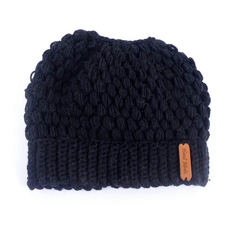 Winter gebreide mutsen winter dames muts dames meisjes stretch gebreide muts met label rommelige knot paardenstaart muts met gaten warme mutsen mutsen: Bk