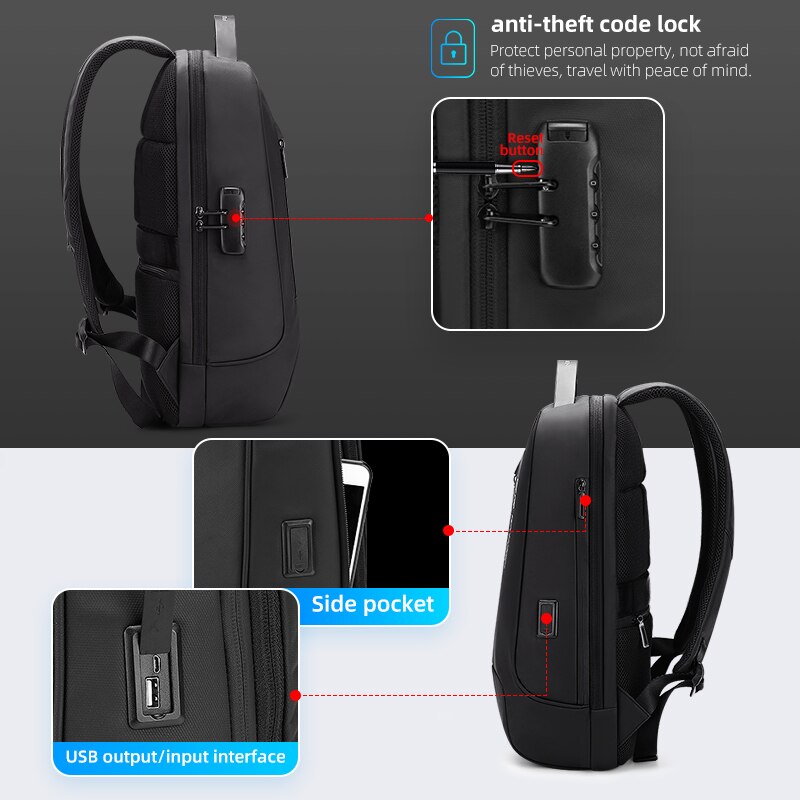 Fenruien Backpack 15.6 Inch Notebook Backpack Black for Men USB Charging Business Travel Backpack Waterproof Anti-Theft