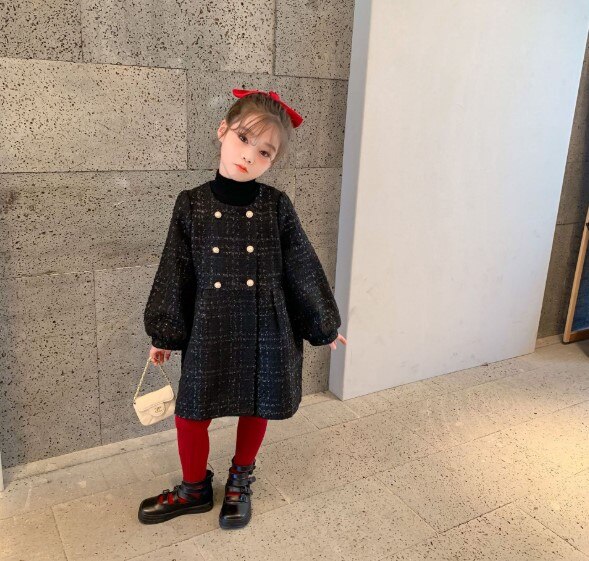 Cultiseed Girls Autumn Wintern Wool Blends Long Outerwear Coats Baby Children Double Breasted Long Sleeve Plaid Coats Kids Jaket