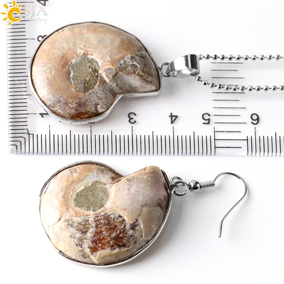 CSJA Natural Unique Ammonite Jewelry Set Fossils Necklaces Pendants Conch Shell Snail Spiral Dangle Earrings Pendants Sets E392