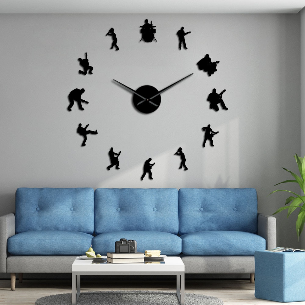 Drummer Music Rock Band DIY Giant Wall Clock Guitar Player Silhouette Decorative Large Wall Clock Guitarist Fremeless Wall Watch