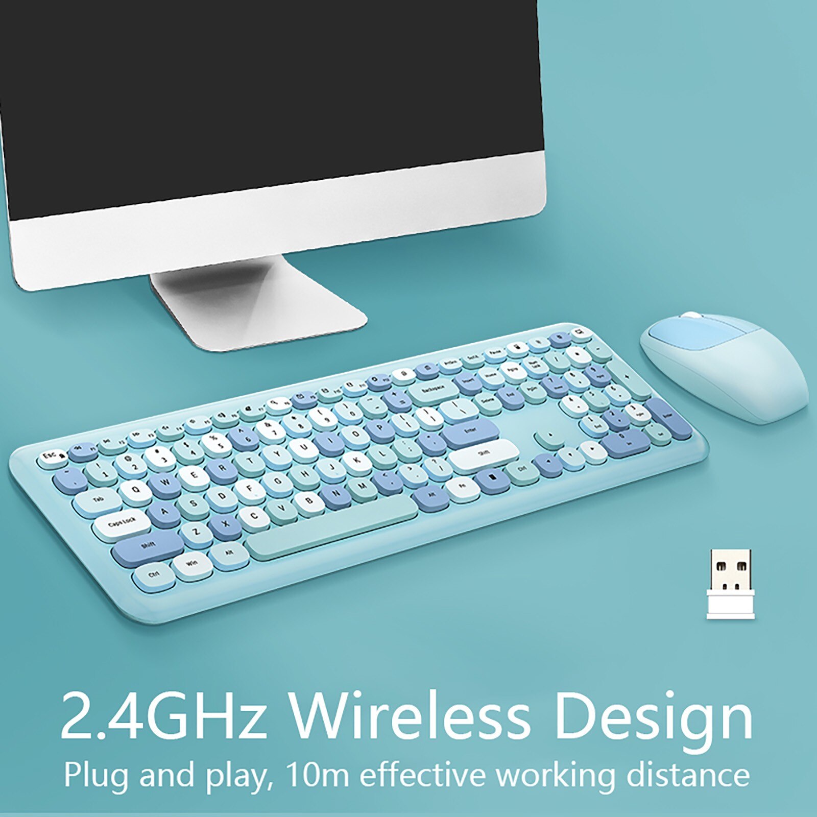 Wireless keyboard and mouse combination wireless keyboard 2.4G wireless business pink multi-color mute keyboard and mouse set: Blue