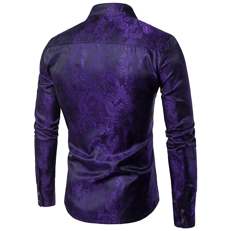 Purple Paisley Floral Print Silk Shirt Men Slim Fit Long Sleeve Mens Dress Shirts Party Event Male Social Shirt