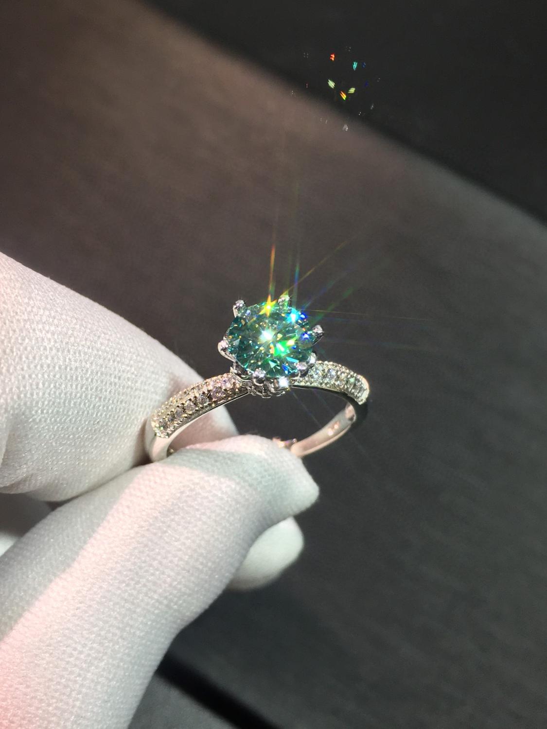 925 Silver Pass Diamond Test Excellent Cut 1 ct 6.5mm D Color VVS1 Green Moissanite Ring Women Engagement Wedding Jewelry