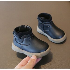 11.5-15.5Cm Jongens Pu Lederen Winter Casual Schoenen Met Dunne Fluwelen Voor Herfst Vroege Winter Peuter Kids Breien patch Enkellaarsjes: Black / 7.5 (insole 15cm)