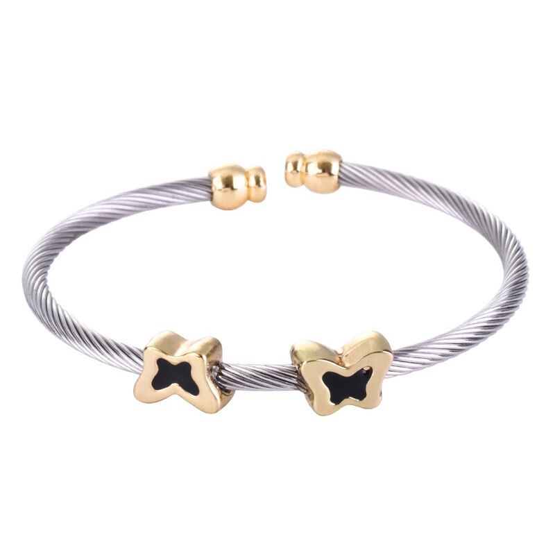 Chran Enamel Animal Designs Double Butterfly Stainless Steel Cable Bangle Jewelry Accessories