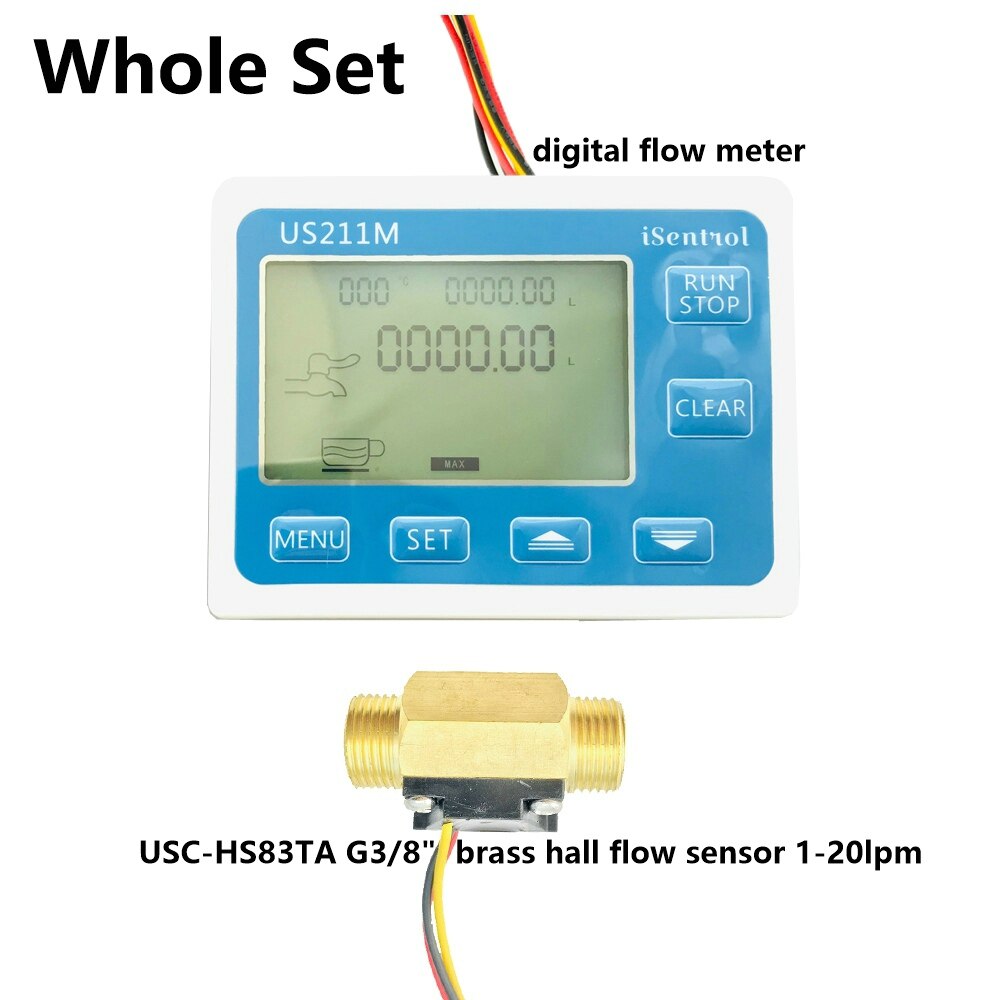 US211M Digital Flow meter Display with USC-HS83TA G3/8" Brass Flow Meter Totalizer Flow Measurement 1-20L/min