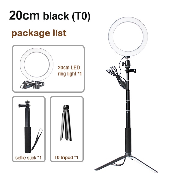 LED Studio Camera Ring Light Photography 16cm 20cm 26cm Photo Camera Ring Light With Tripod USB Plug For Phone Holder Make Up: 20cm black