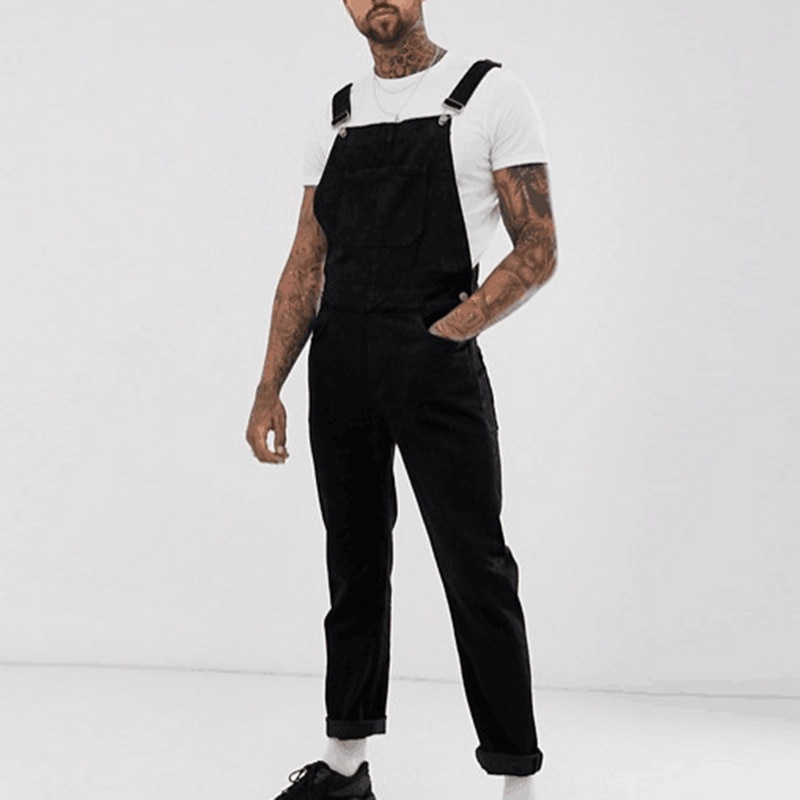 Jeans jumpsuit för herr svart jeans lång overall casual märkesbyxor herr hip hop streetwear jeans hängselbyxor