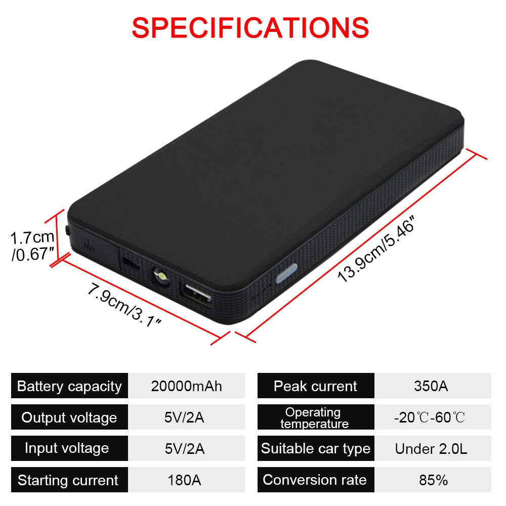 Portabel mini slim 20000 mah bil hoppstartare powerbank 12v motor batteriladdare booster bilbatteri startladdare