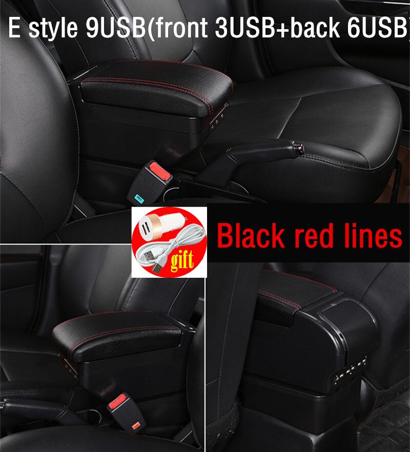 For Peugeot Armrest For Peugeot 208 Car Armrest box Retrofit parts Interior Storage box accessories USB LED: E Style Black Red