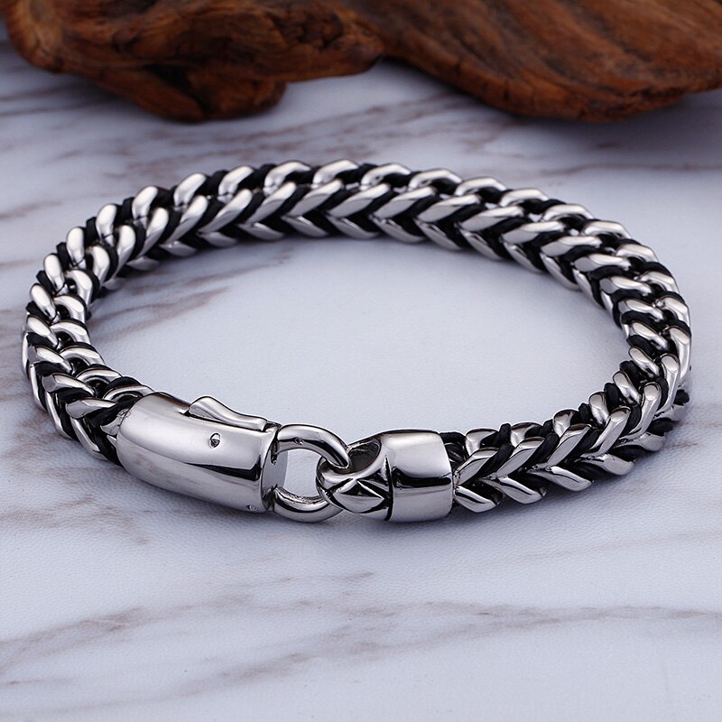Mannen Big Size Link Sieraden Gevlochten Leer Rvs Geweven Keten Breedte 8Mm Kabel Twijn Armband 23Cm