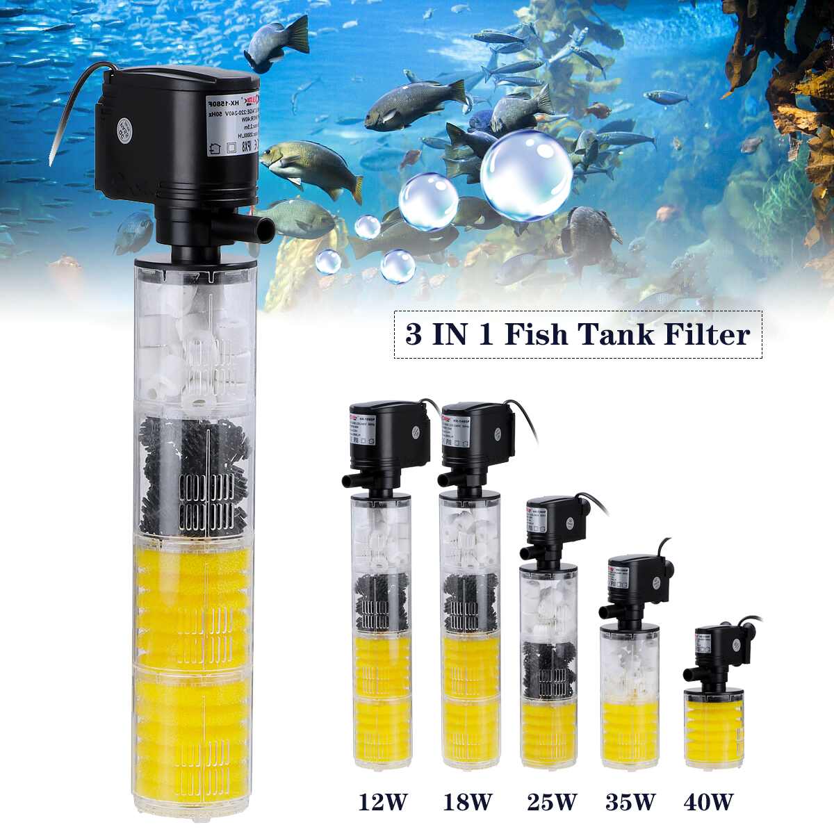 3 In 1 Aquarium Filter Air Pump Aquarium Water Pump Fish Tank Circulating Internal Filter Air Oxygen Increase 12/18/25/35/40W