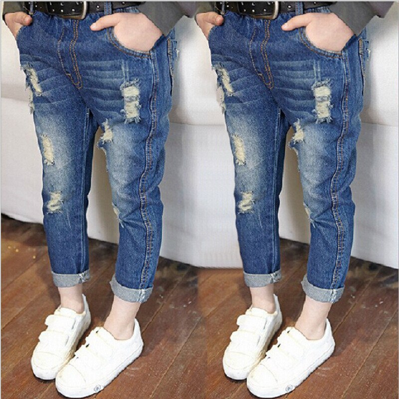 Pantalones vaqueros rotos para bebés y niños, Jeans desgastados ajustados de cintura media, Primavera,: 2 / 5