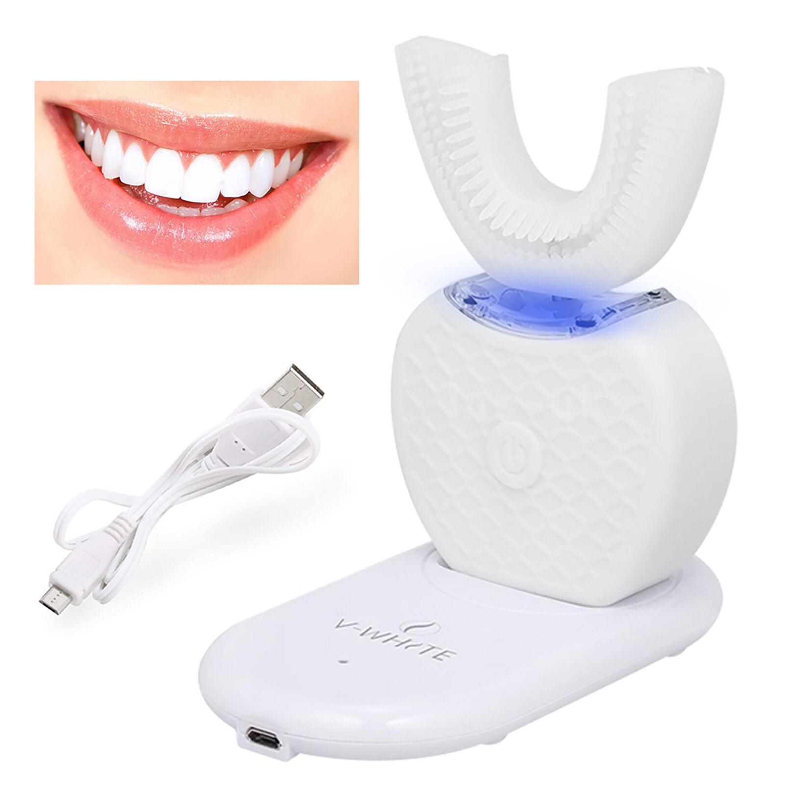 360 Degrees Intelligent Automatic Sonic Electronic Toothbrush USB Rechargeable U Shape with 4 Modes Timer Blue Light Toothpaste