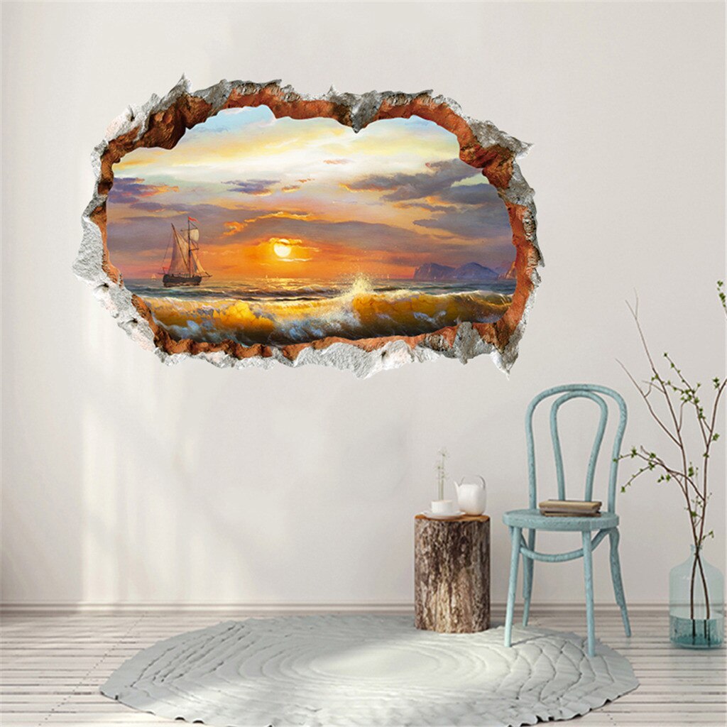 Zomer Strand Romantische 3D Window View Sticker Strand Muurschilderingen Verwijderbare Muursticker Voor Woonkamer Keuken Muur Poster