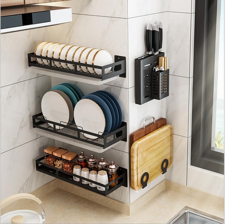 Stainless steel kitchen rack wall-mounted dish rack dish rack free perforated seasoning rack knife rack pot cover rack