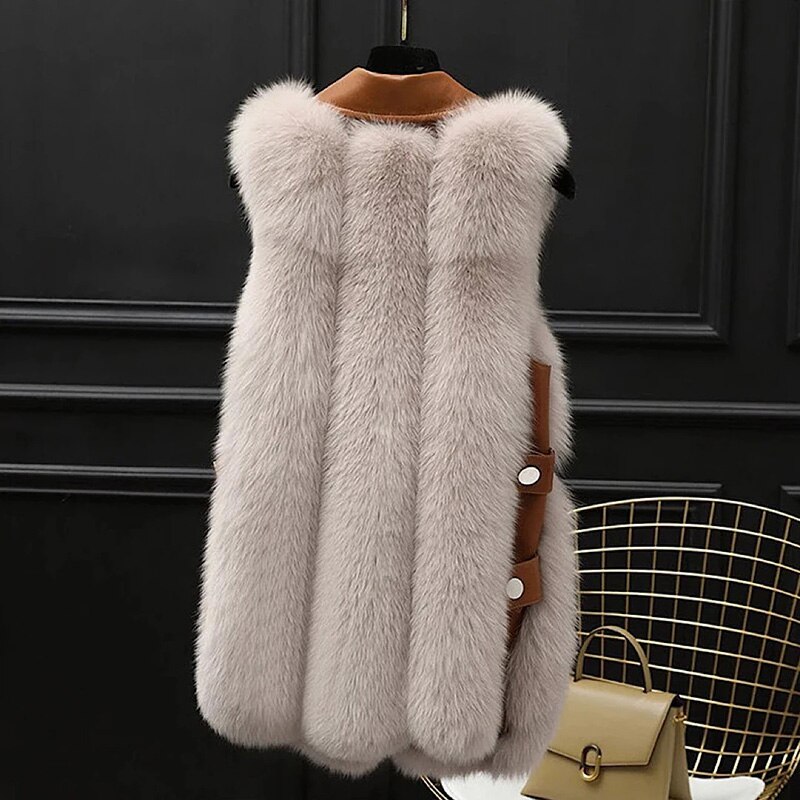 Drehen Unten Kragen Faux Pelz Westen Frauen Elegante Patchwork Künstliche Mäntel Frauen Taschen PU Leder Westen Damen
