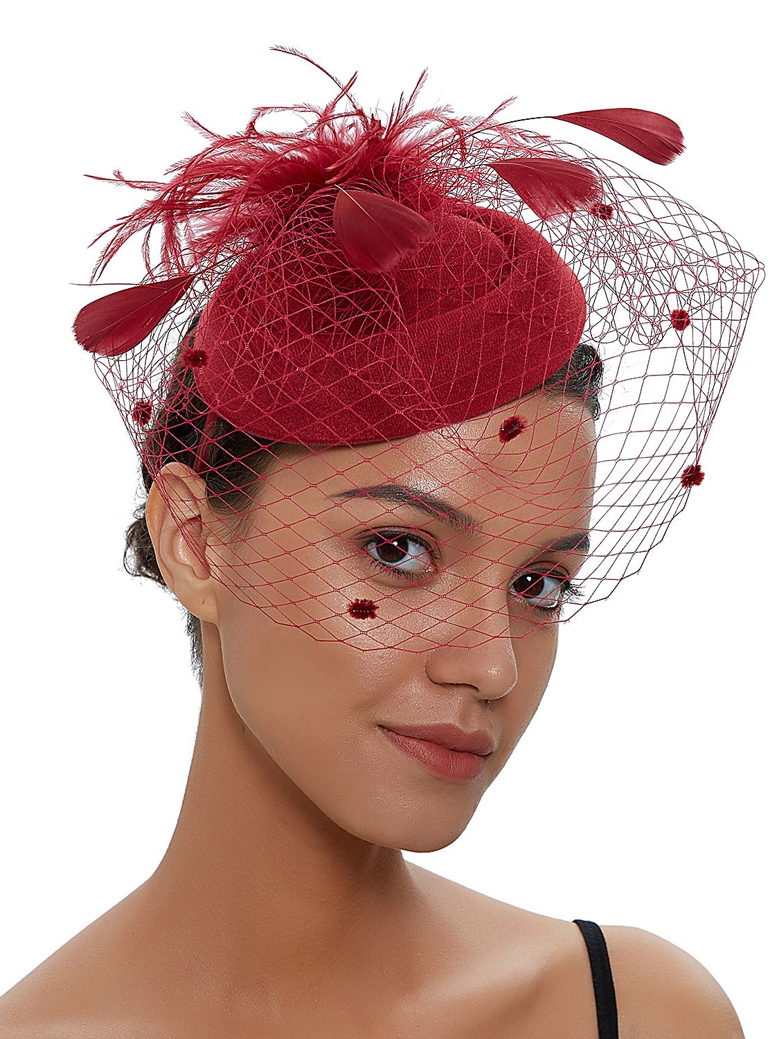 Womens Vilt Tovenaar Hoed Visnet Sluier Kleine Pluche Golf Punt Decor Haarspeldjes Bruiloft Bruids Cocktail Hoofddeksels Tovenaar: GRIJS