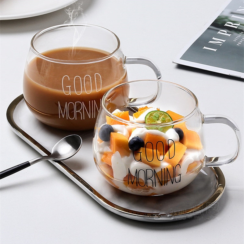 Letter Printed Transparent Glass Coffee Tea Drinks Dessert Breakfast Milk Cup Glass Mugs Handle Drinkware