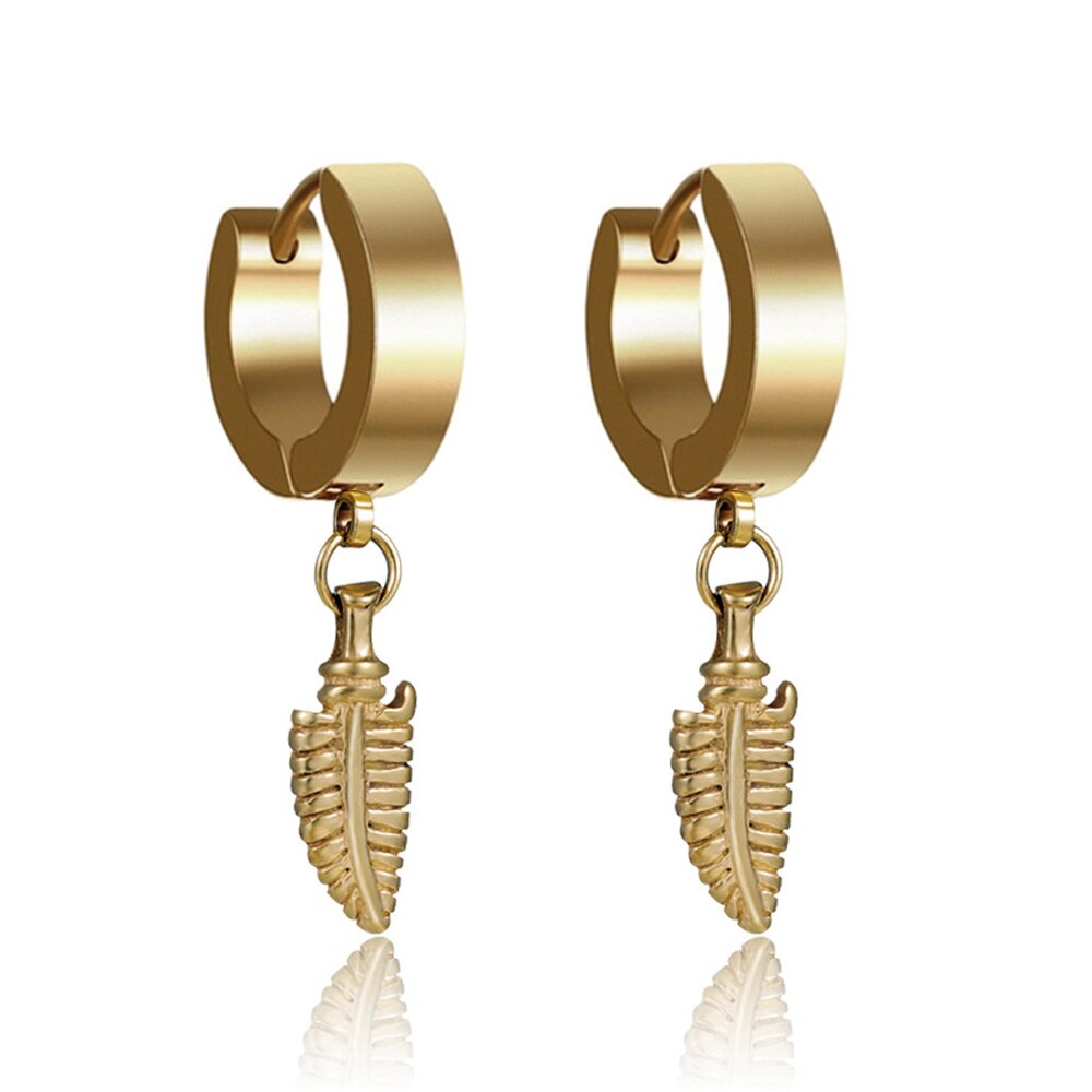 6 Style 316L Stainless Steel Dangle Round Cross Leaf Earring for Men Women Cool Punk Eboy Stud Earring Set: Style F Gold