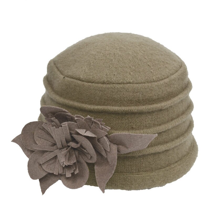 Winter Vintage Cloche Bucket Cap Women's Fedora Hat Ladies Wool Flower Hat Woman Party Headwear Chapeau Femme: khaki