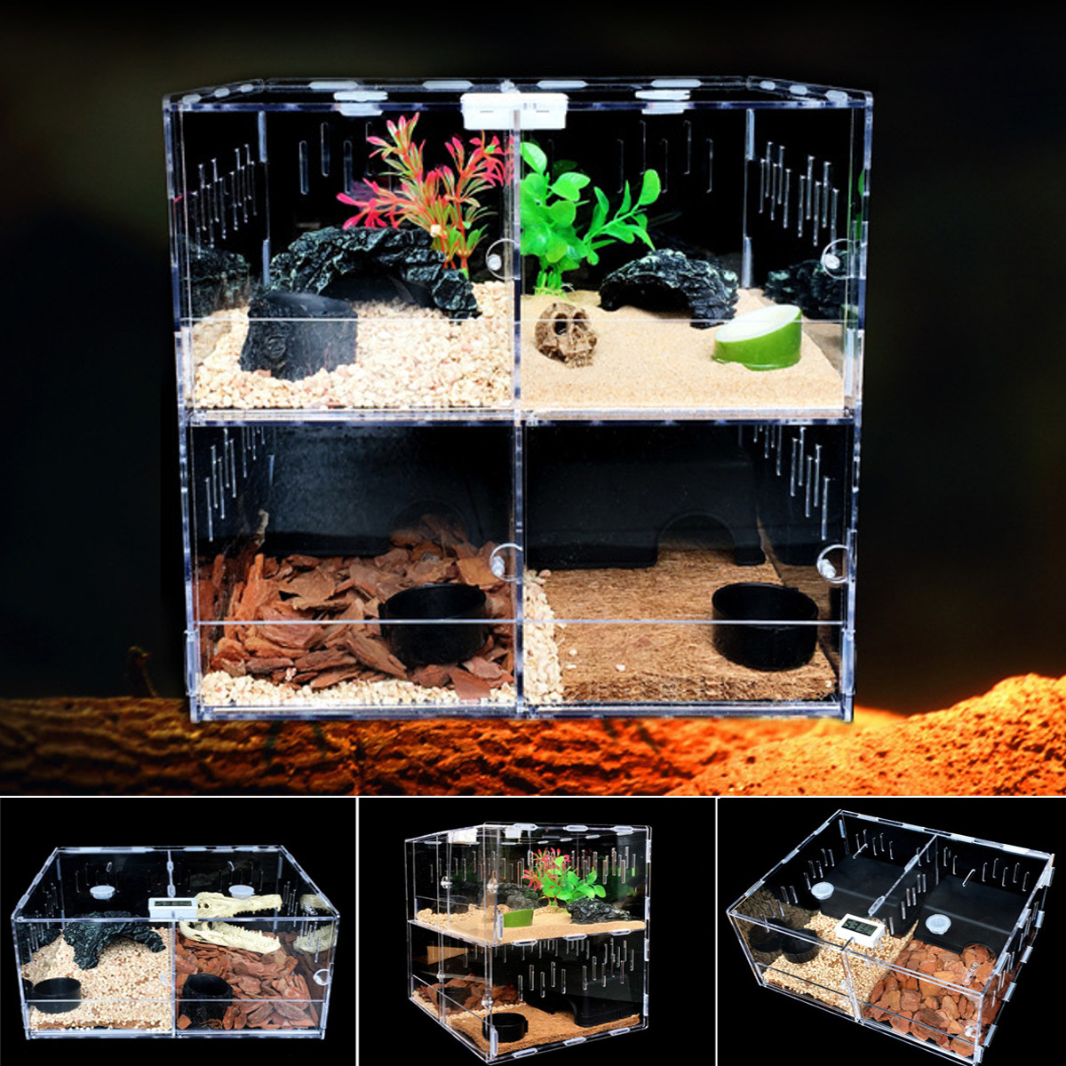 Tanque de Reptiles para mascotas, terrario acrílico, arañas, lagartijas, jaula para casa, 2 rejillas, Reptiles de mascotas, terrarios transparentes